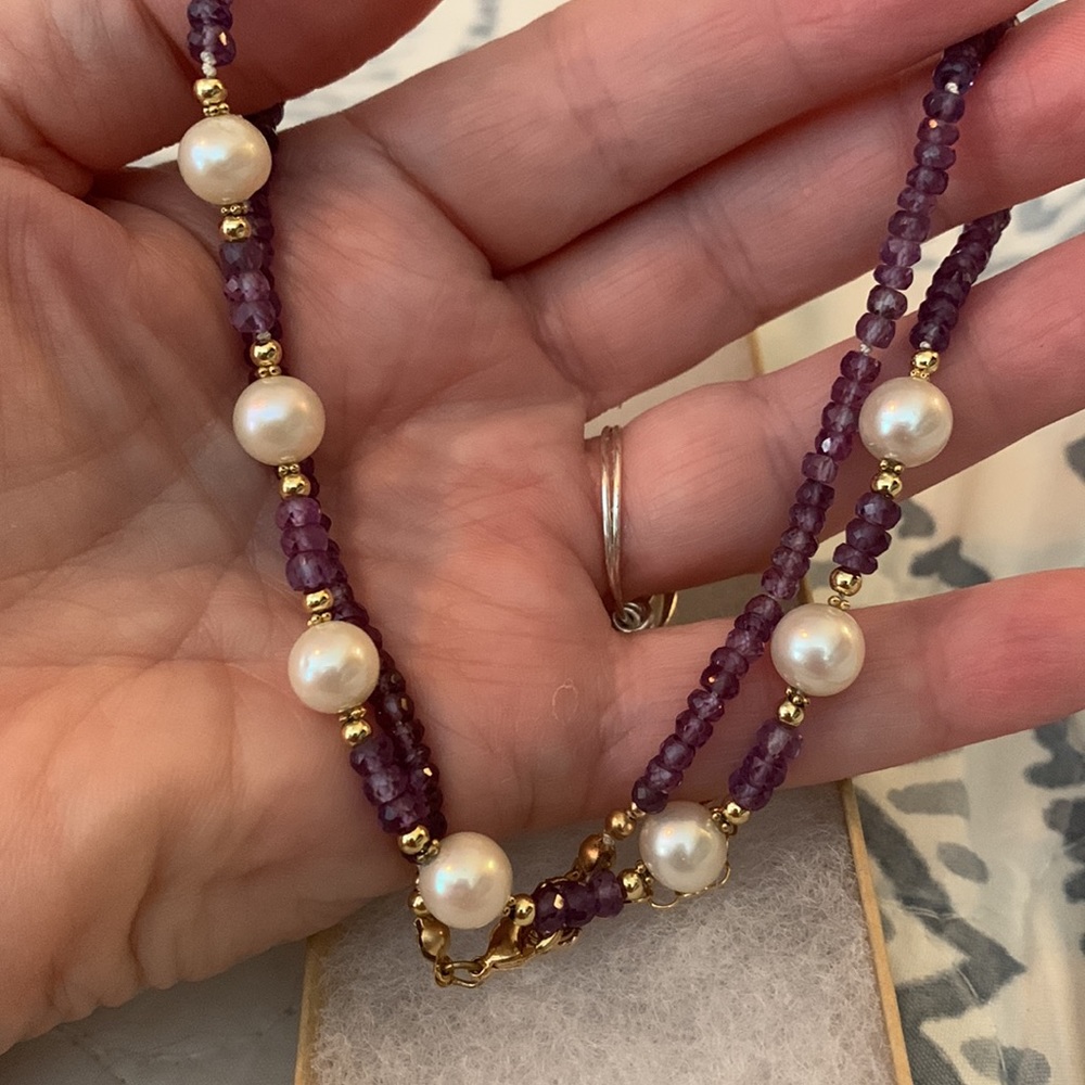 Hand Knotted Alexandrite and Pearl Necklace.  18” with 3” extender